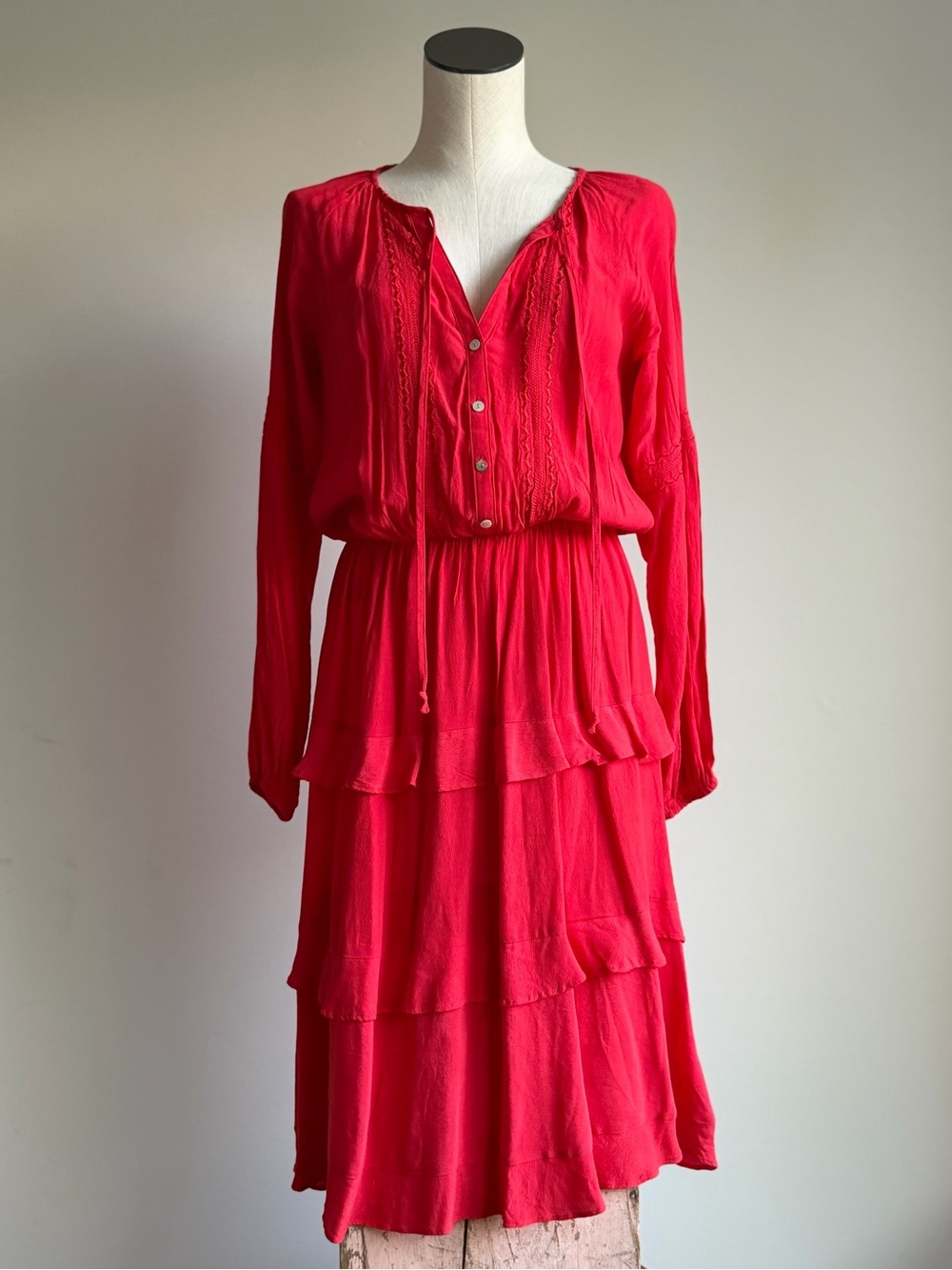 Sunday in Brooklyn Bright Red Tiered Button-Front Midi Dress